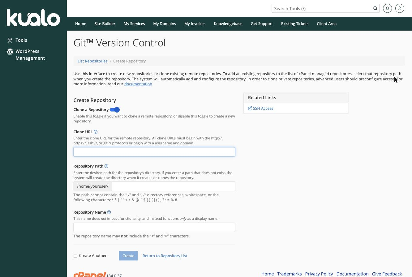 The Create repository form in Git Version Control