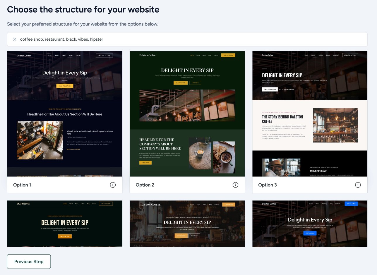 AI Starter Site - layout selection screen